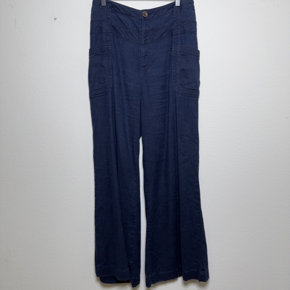 Anthropologie Women Linen Wide Leg Trouser Pants 10 Blue Travel Coastal Sailor